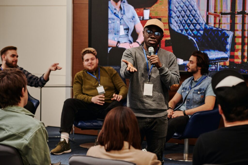 A participant speaking during an intercultural learning session